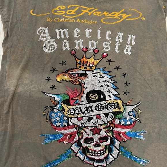 Ed Hardy Christian Audigier American Gangster rhinestone v neck t shirt Rare - Picture 3 of 7
